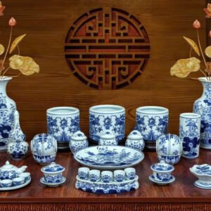 SÉT ĐỒ THỜ MEN LAM 17 MÓN VẼ KỸ