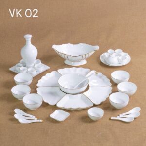 Bộ bát đĩa Set hoa mặt trời men trắng chỉ vàng