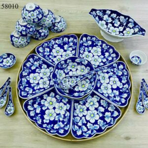 BỘ BÁT ĐĨA SET HOA MẶT TRỜI MEN TRẮNG HOA XANH