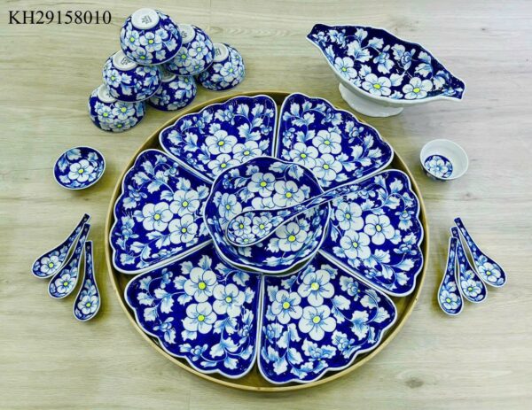 BỘ BÁT ĐĨA SET HOA MẶT TRỜI MEN TRẮNG HOA XANH