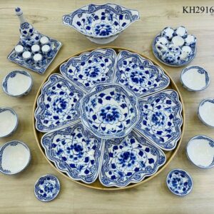 BỘ BÁT ĐĨA SET HOA MẶT TRỜI MEN TRẮNG HOA XANH 2