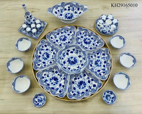 BỘ BÁT ĐĨA SET HOA MẶT TRỜI MEN TRẮNG HOA XANH 2