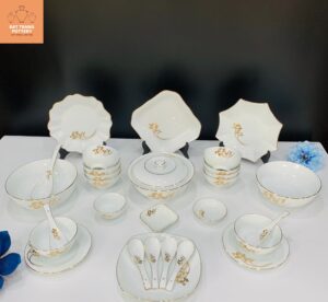 SÉT BÁT ĐĨA TRẮNG CHỈ VÀNG SEN KIM