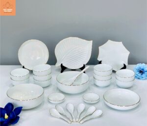 BỘ BÁT ĐĨA TRẮNG CHỈ VÀNG 25 MÓN