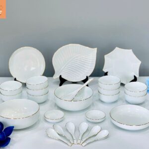 BỘ BÁT ĐĨA TRẮNG CHỈ VÀNG 25 MÓN