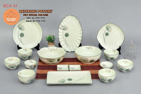 BỘ CHÉN ĐĨA HOẠ TIẾT BỒ CÔNG ANH 15 MÓN