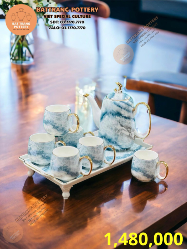 BỘ ẤM TÁCH MEN LOANG XANH