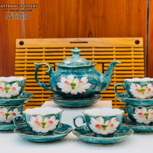 BỘ TRÀ VẼ VÀNG MEN LOANG VIỀN VÀNG HOA SEN ĐÁ